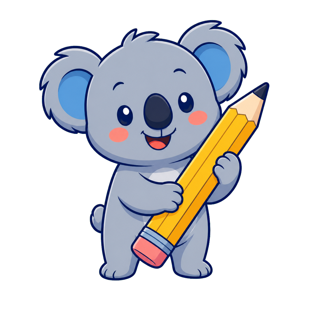 Mascotte koala KidoFiches tenant un crayon