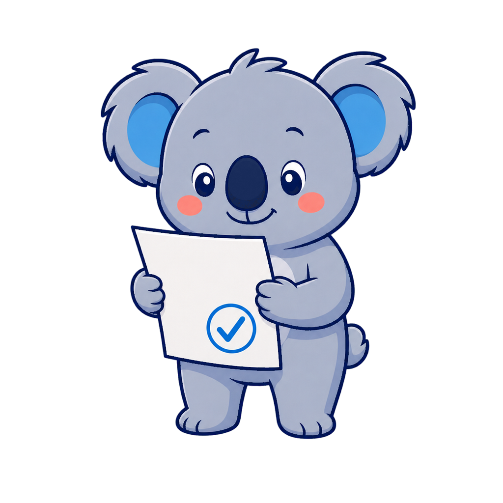 Mascotte koala vérifiant une fiche
