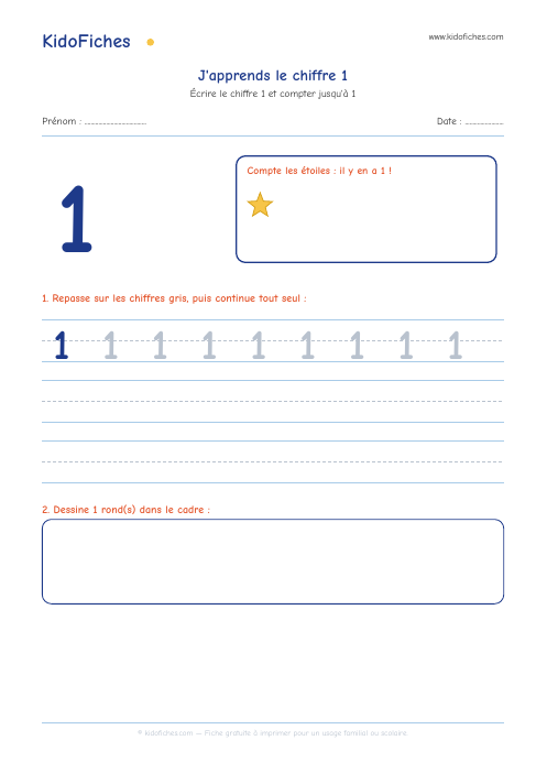 J'apprends le chiffre 1 — aperçu de la fiche