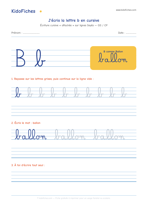 Écriture cursive : la lettre b — aperçu de la fiche