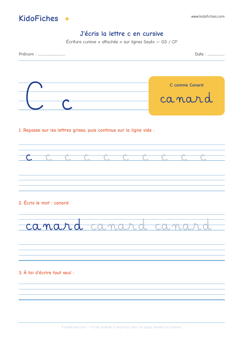 Écriture cursive : la lettre c — aperçu de la fiche