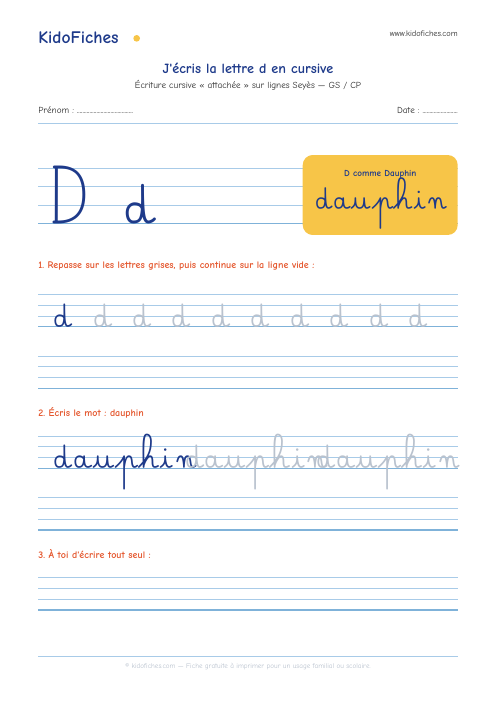 Écriture cursive : la lettre d — aperçu de la fiche