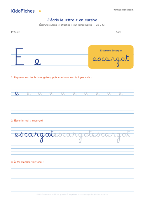 Écriture cursive : la lettre e — aperçu de la fiche