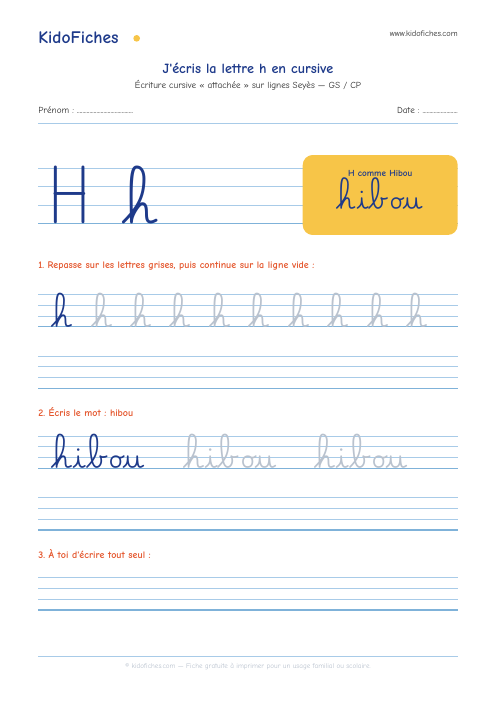 Écriture cursive : la lettre h — aperçu de la fiche