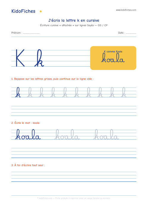 Écriture cursive : la lettre k — aperçu de la fiche