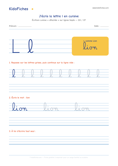Écriture cursive : la lettre l — aperçu de la fiche