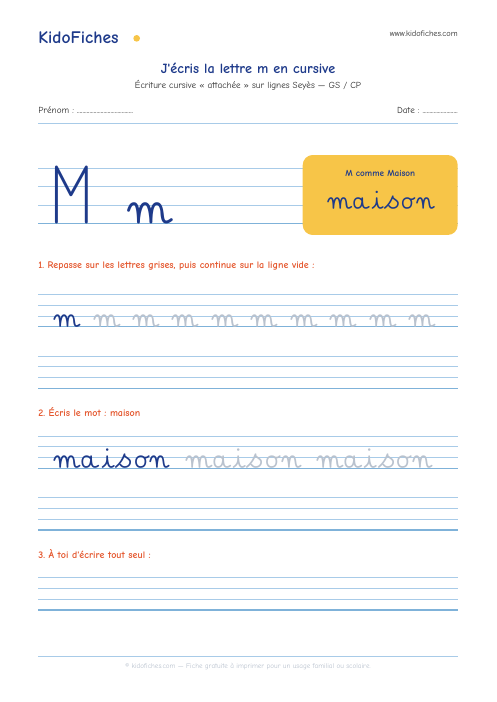 Écriture cursive : la lettre m — aperçu de la fiche