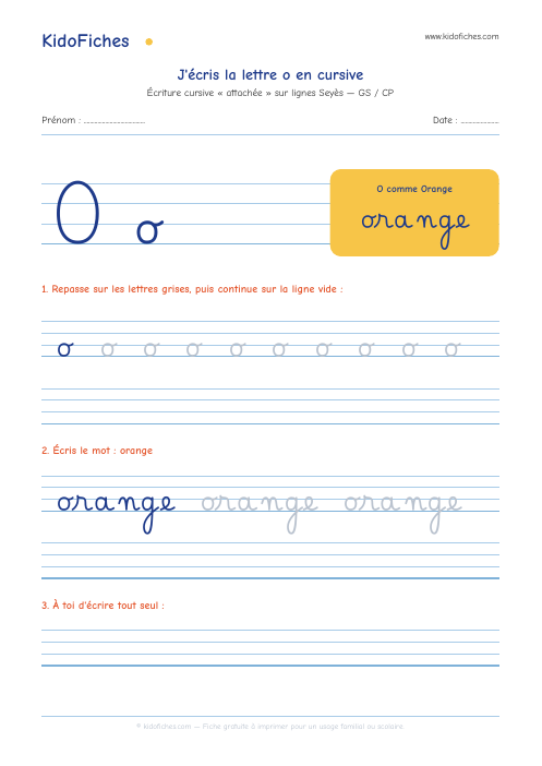 Écriture cursive : la lettre o — aperçu de la fiche