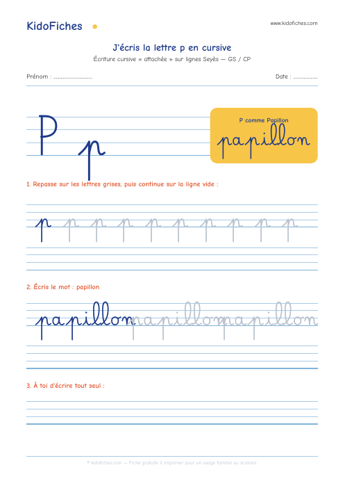 Écriture cursive : la lettre p — aperçu de la fiche