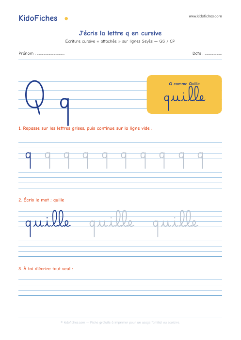 Écriture cursive : la lettre q — aperçu de la fiche