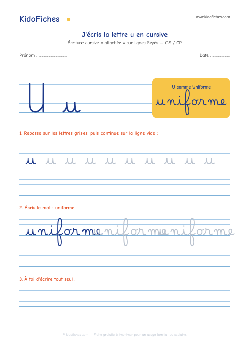 Écriture cursive : la lettre u — aperçu de la fiche