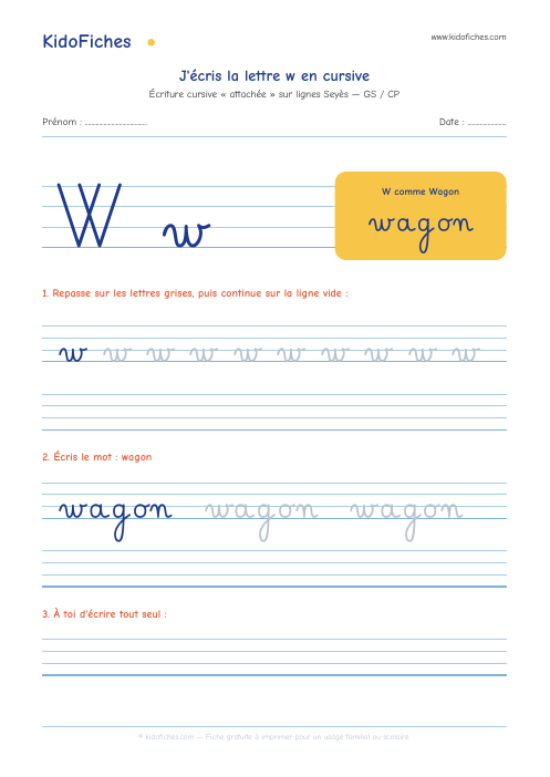 Écriture cursive : la lettre w — aperçu de la fiche