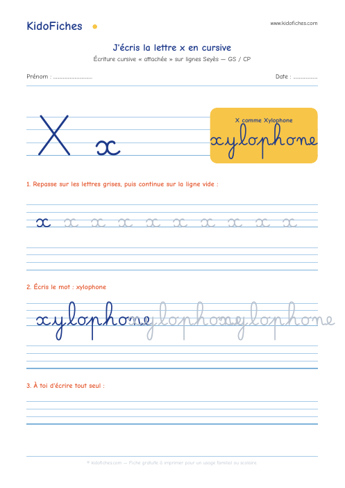 Écriture cursive : la lettre x — aperçu de la fiche