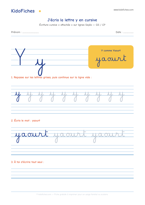 Écriture cursive : la lettre y — aperçu de la fiche