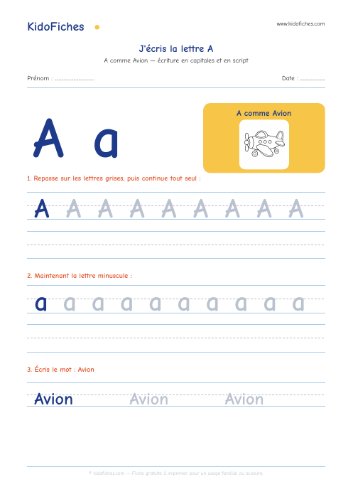 Écriture de la lettre A — aperçu de la fiche