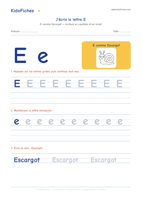 Écriture de la lettre E — aperçu de la fiche