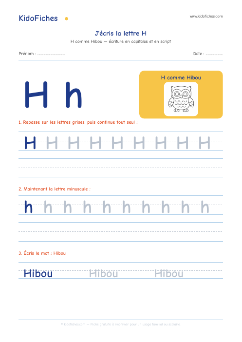 Écriture de la lettre H — aperçu de la fiche
