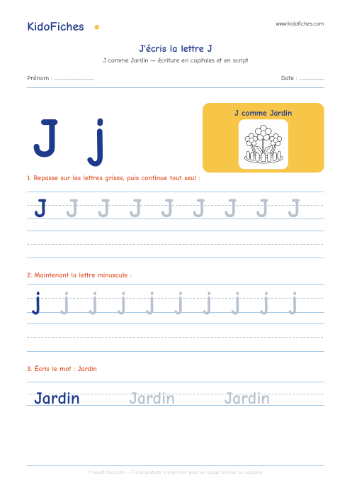 Écriture de la lettre J — aperçu de la fiche