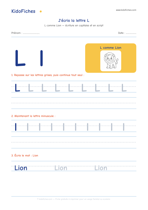 Écriture de la lettre L — aperçu de la fiche
