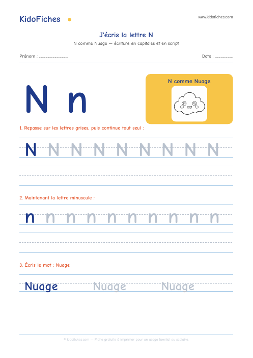 Écriture de la lettre N — aperçu de la fiche