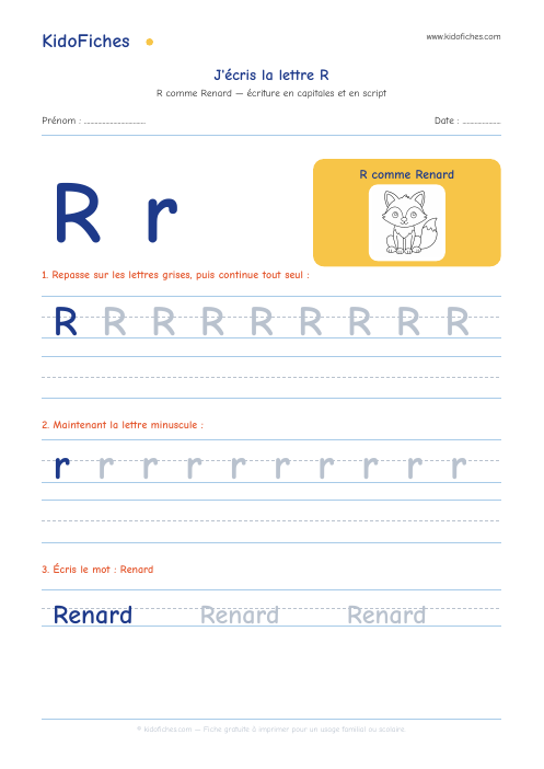 Écriture de la lettre R — aperçu de la fiche