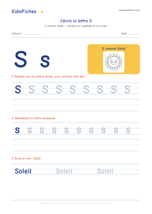 Écriture de la lettre S — aperçu de la fiche
