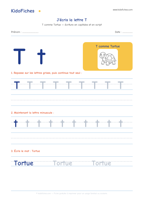 Écriture de la lettre T — aperçu de la fiche