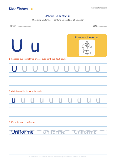 Écriture de la lettre U — aperçu de la fiche
