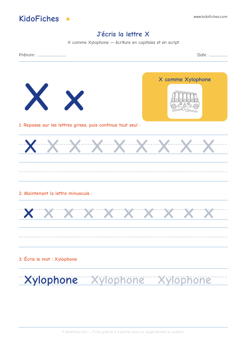 Écriture de la lettre X — aperçu de la fiche