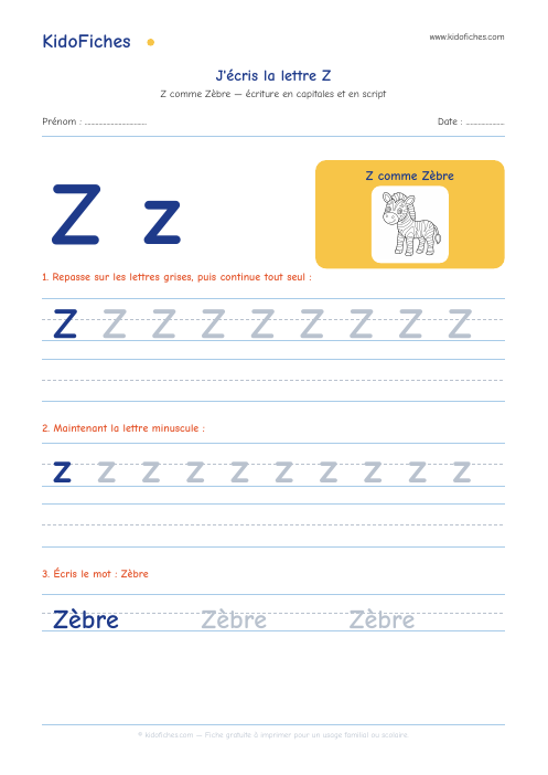 Écriture de la lettre Z — aperçu de la fiche