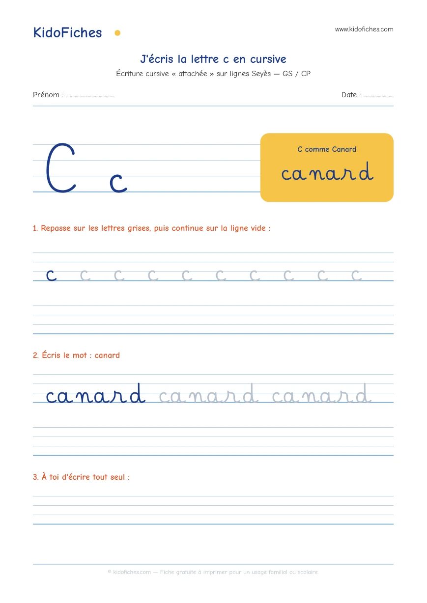 Aperçu réel : Écriture cursive : la lettre c