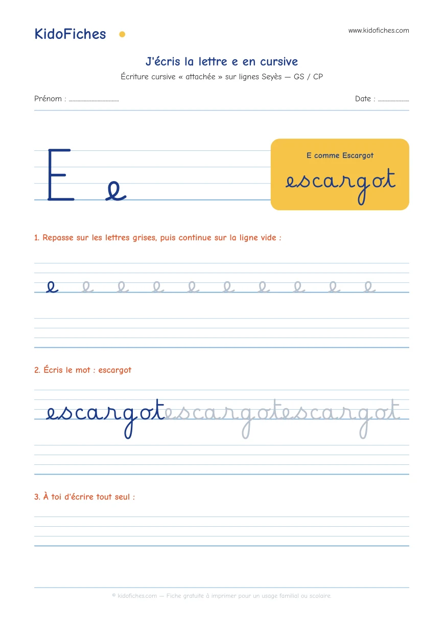 Aperçu réel de la fiche Écriture cursive : la lettre e