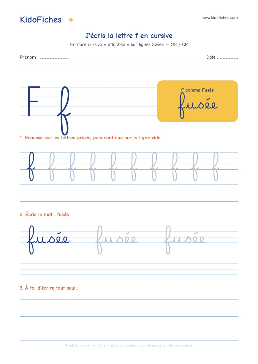 Aperçu réel de la fiche Écriture cursive : la lettre f