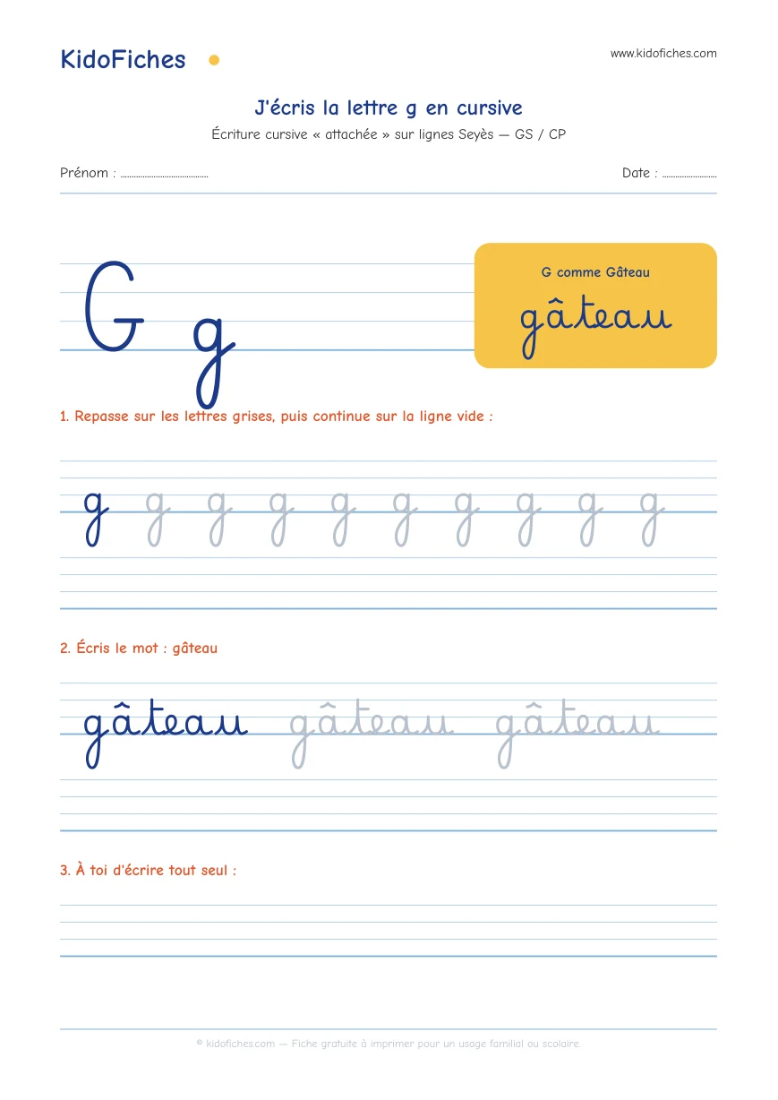 Aperçu réel de la fiche Écriture cursive : la lettre g