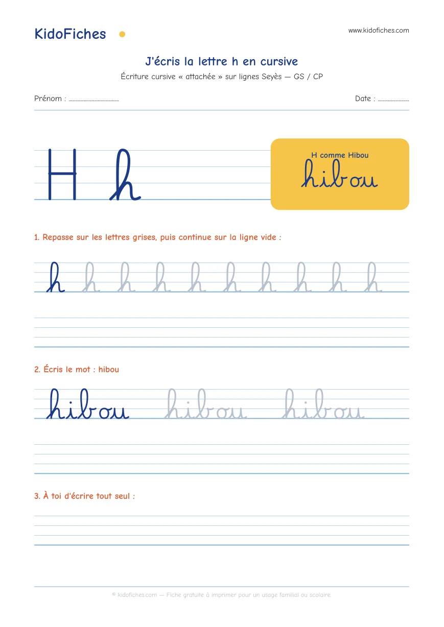 Aperçu réel de la fiche Écriture cursive : la lettre h