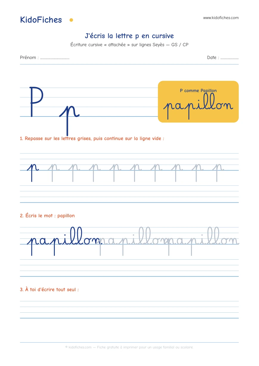 Aperçu réel de la fiche Écriture cursive : la lettre p