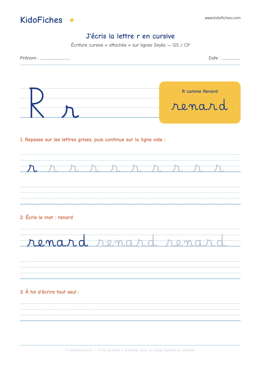 Aperçu réel de la fiche Écriture cursive : la lettre r