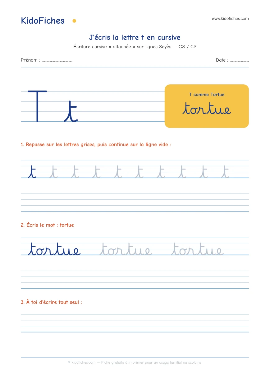 Aperçu réel de la fiche Écriture cursive : la lettre t