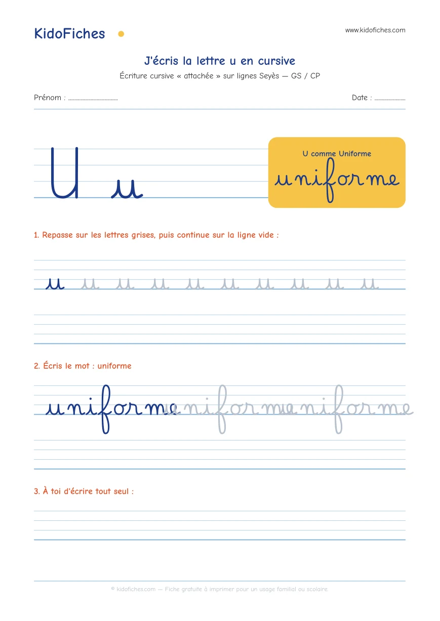 Aperçu réel de la fiche Écriture cursive : la lettre u