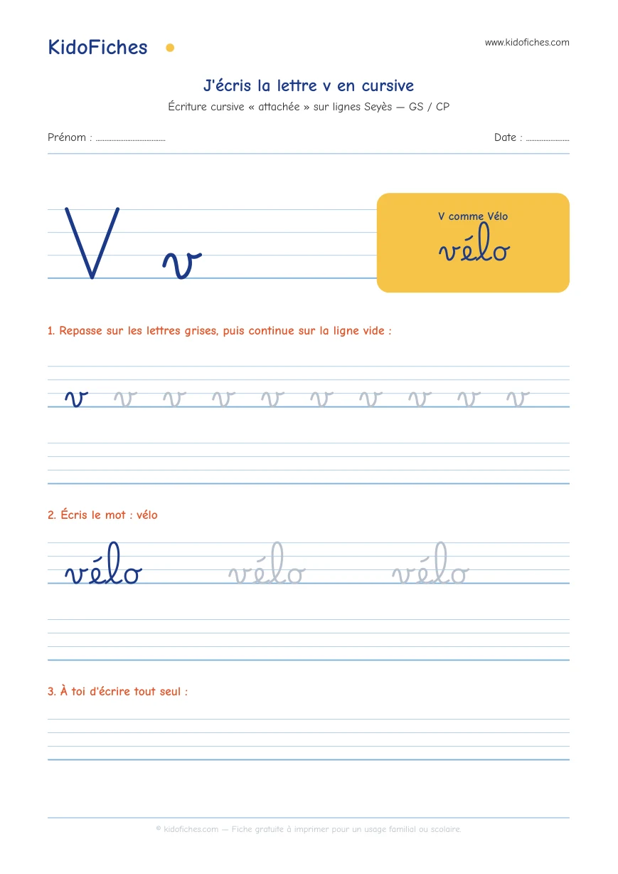 Aperçu réel de la fiche Écriture cursive : la lettre v