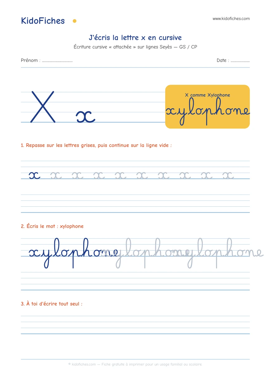 Aperçu réel de la fiche Écriture cursive : la lettre x