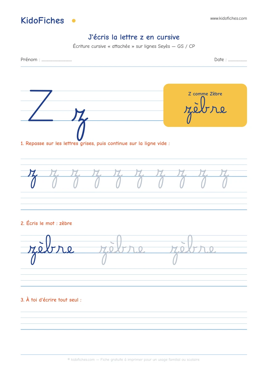 Aperçu réel de la fiche Écriture cursive : la lettre z