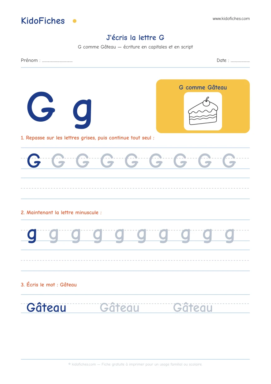 Aperçu réel de la fiche Écriture de la lettre G
