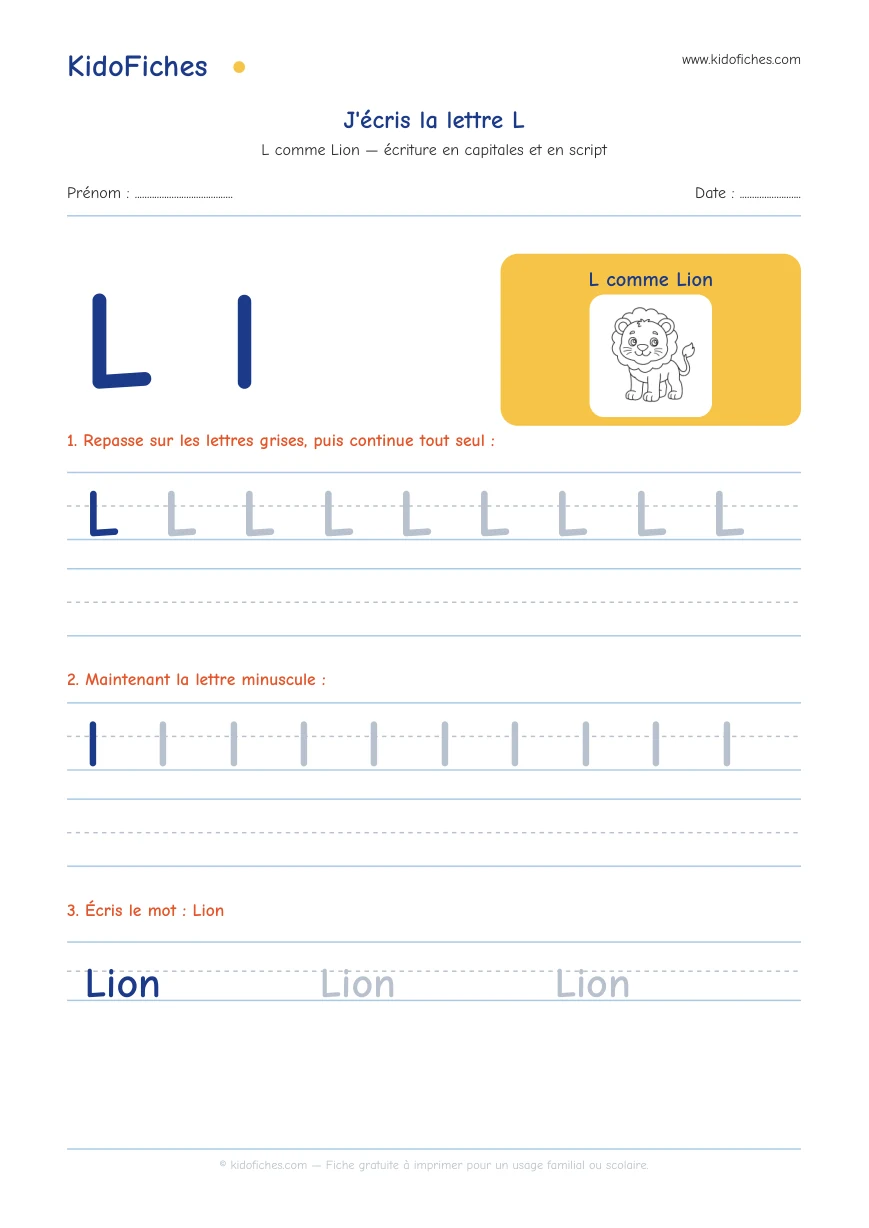 Aperçu réel de la fiche Écriture de la lettre L