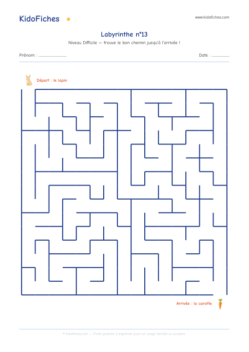 Aperçu de la fiche Labyrinthe n°13 (Difficile)