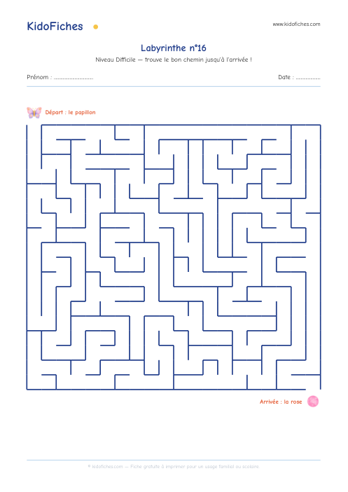 Aperçu de la fiche Labyrinthe n°16 (Difficile)
