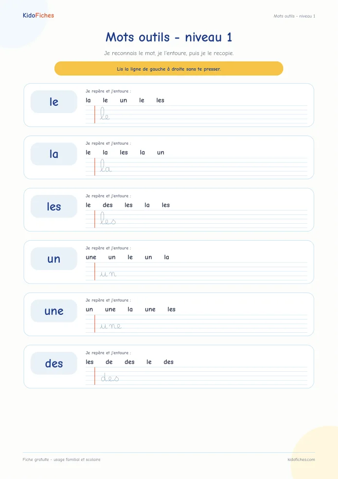 Aperçu de la fiche Mots outils - niveau 1