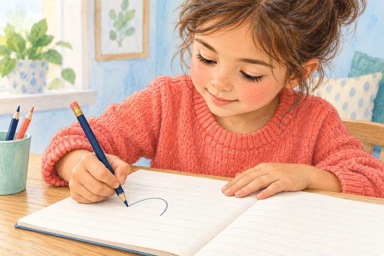 Une enfant trace au crayon dans un cahier à lignes.