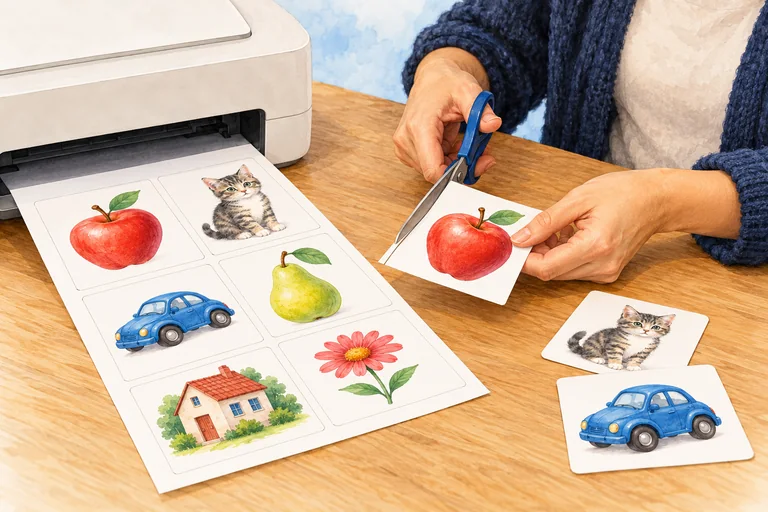 Une feuille de cartes sort de l’imprimante ; un adulte découpe les cartes.
