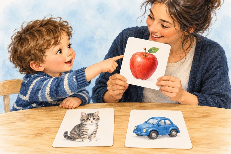Un adulte montre une carte de pomme ; un enfant la reconnaît.